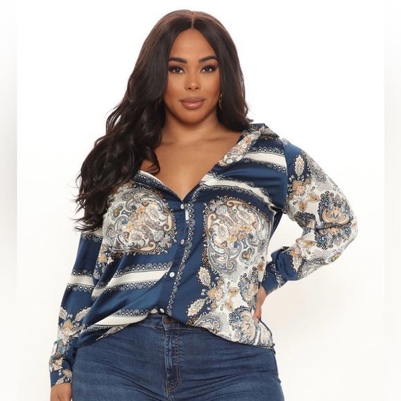 Fashion Nova NWOT Posh And Deluxe Satin Paisley Shirt | Blue/combo | Size 2XL - Picture 7 of 15